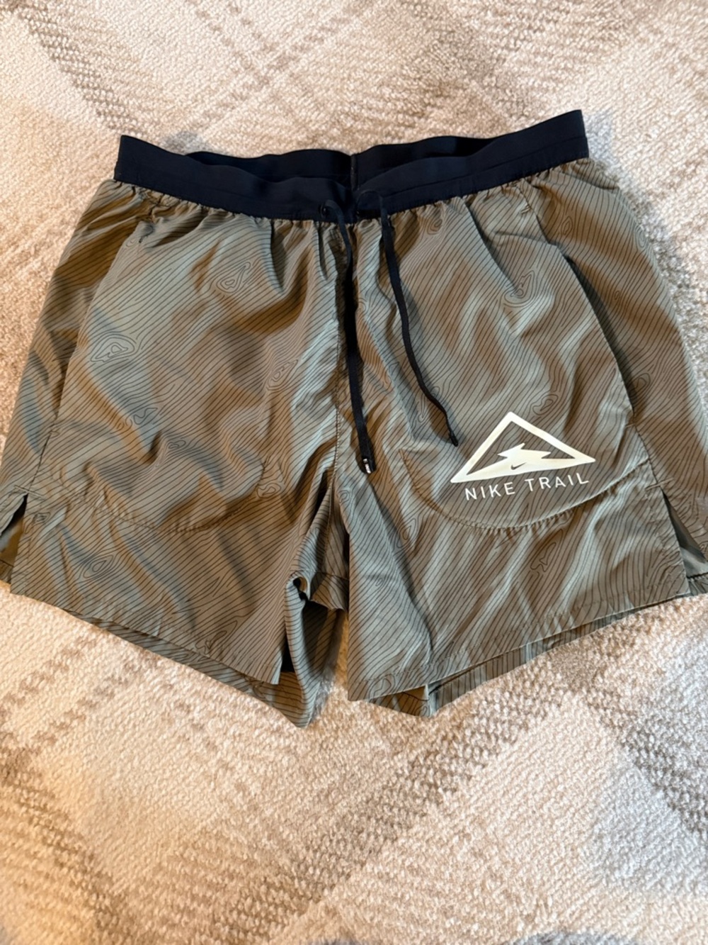 Nike Trail Olive Topo Print Running Shorts with Black Waistband
